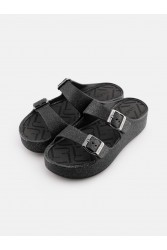 LEMON JELLY Giulietta Black Vegan Black Mettalic Glitter Sandals with Buckles Μαύρα Μεταλλικά Σανδάλια με Γκλίτερ