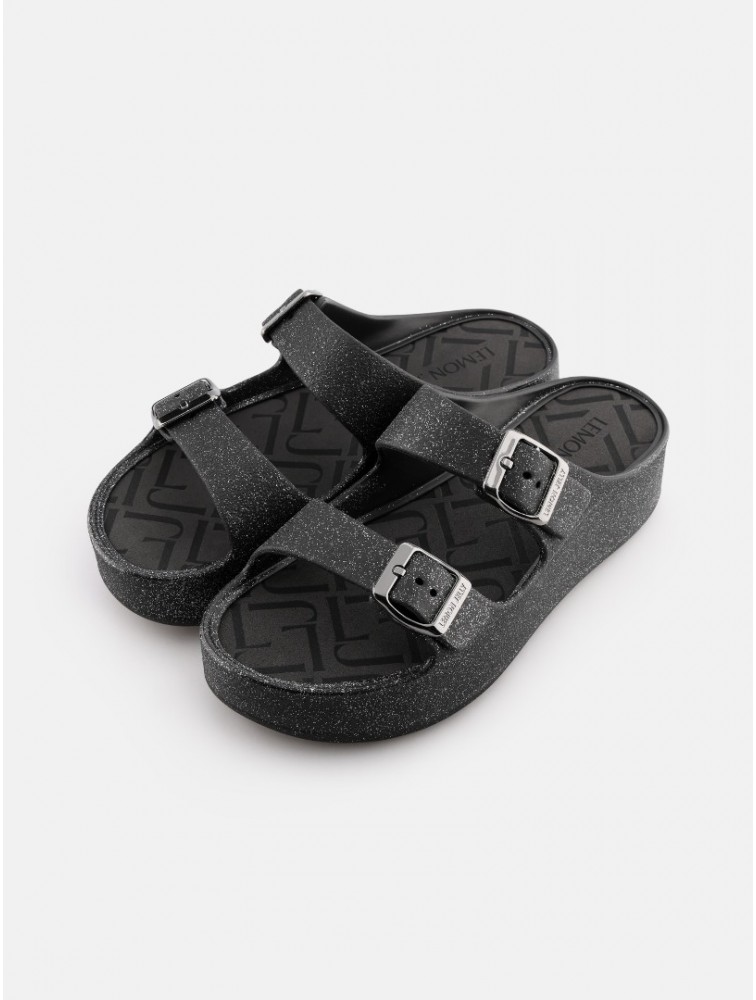 LEMON JELLY Giulietta Black Vegan Black Mettalic Glitter Sandals with Buckles Μαύρα Μεταλλικά Σανδάλια με Γκλίτερ