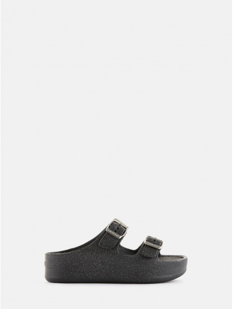 LEMON JELLY Giulietta Black Vegan Black Mettalic Glitter Sandals with Buckles Μαύρα Μεταλλικά Σανδάλια με Γκλίτερ