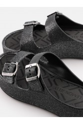 LEMON JELLY Giulietta Black Vegan Black Mettalic Glitter Sandals with Buckles Μαύρα Μεταλλικά Σανδάλια με Γκλίτερ