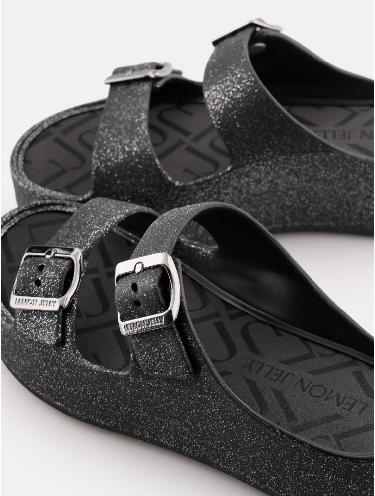 LEMON JELLY Giulietta Black Vegan Black Mettalic Glitter Sandals with Buckles Μαύρα Μεταλλικά Σανδάλια με Γκλίτερ