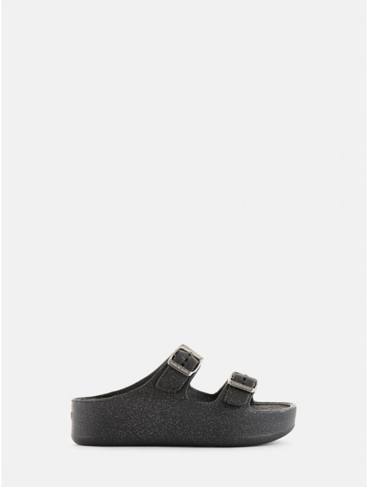 LEMON JELLY Giulietta Black Vegan Black Mettalic Glitter Sandals with Buckles Μαύρα Μεταλλικά Σανδάλια με Γκλίτερ