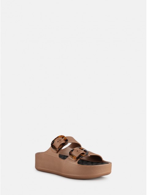 LEMON JELLY Tazara Bronzo Metal Brown Platform Sandals with Buckles Turtle Print Μπρονζέ Σανδάλια με Αγκράφα Ταρταρούγα