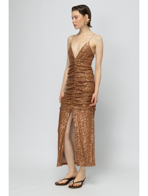 MALLORY THE LABEL Golden Hour Sequin Dress Μπρονζέ Φόρεμα με Παγέτα