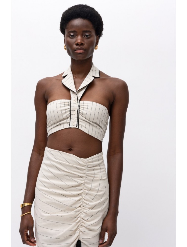 MALLORY THE LABEL Mira Beige/ Black Crop Top Μπεζ/ Μαύρο Τοπ με γιακά