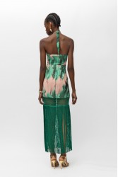 MALLORY THE LABEL Victoria Green Print Dress Πράσινο Ροζ Φόρεμα με κρόσσια