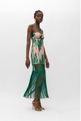 MALLORY THE LABEL Victoria Green Print Dress Πράσινο Ροζ Φόρεμα με κρόσσια