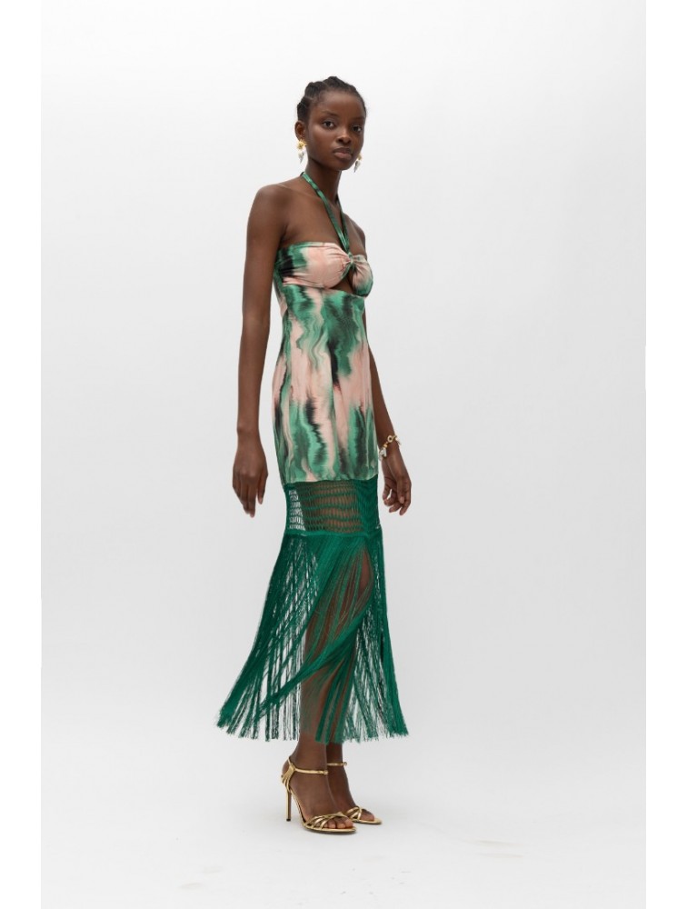MALLORY THE LABEL Victoria Green Print Dress Πράσινο Ροζ Φόρεμα με κρόσσια