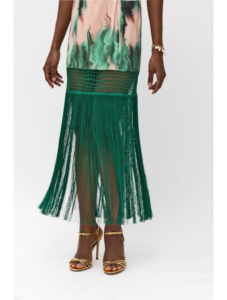 MALLORY THE LABEL Victoria Green Print Dress Πράσινο Ροζ Φόρεμα με κρόσσια