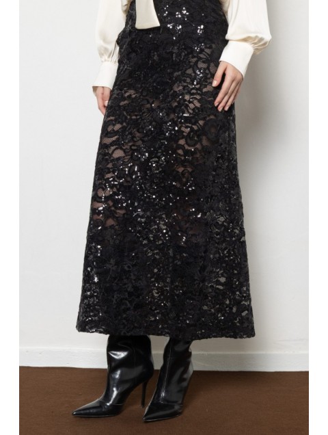 MALLORY THE LABEL Nora Lace Skirt Μαύρη Φούστα με Παγέτα