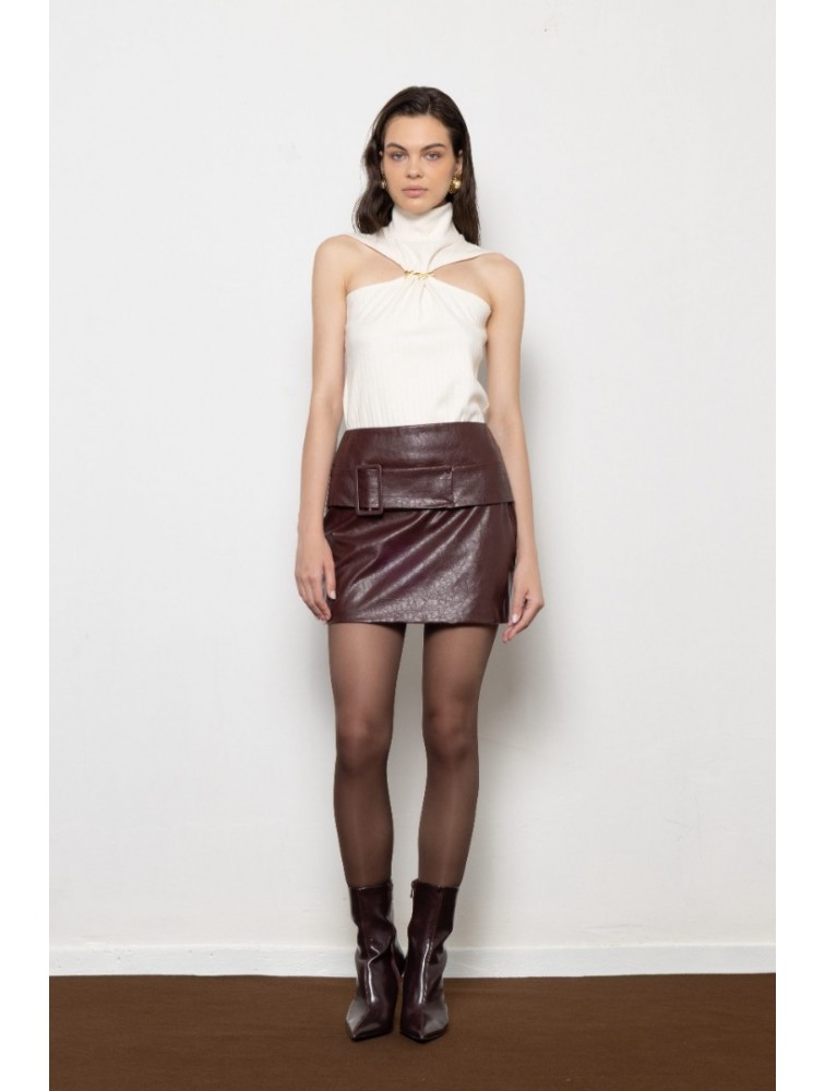 MALLORY THE LABEL Noreen Burgundy Skirt Μπορντώ Δερμάτινη Φούστα
