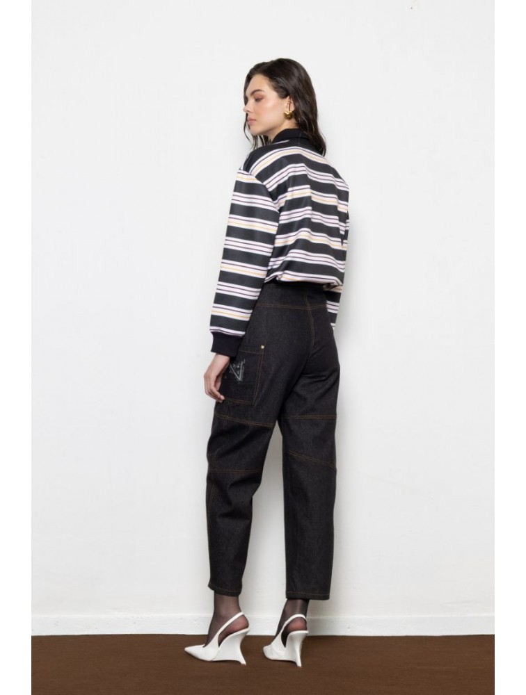 MALLORY THE LABEL Sunday Polo Sweater Black Μαύρο Πόλο Μπλούζα με Ρίγες