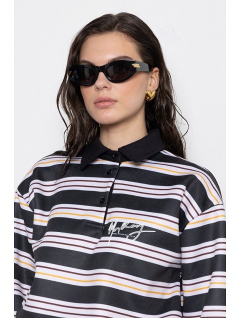 MALLORY THE LABEL Sunday Polo Sweater Black Μαύρο Πόλο Μπλούζα με Ρίγες