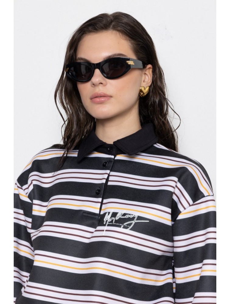 MALLORY THE LABEL Sunday Polo Sweater Black Μαύρο Πόλο Μπλούζα με Ρίγες
