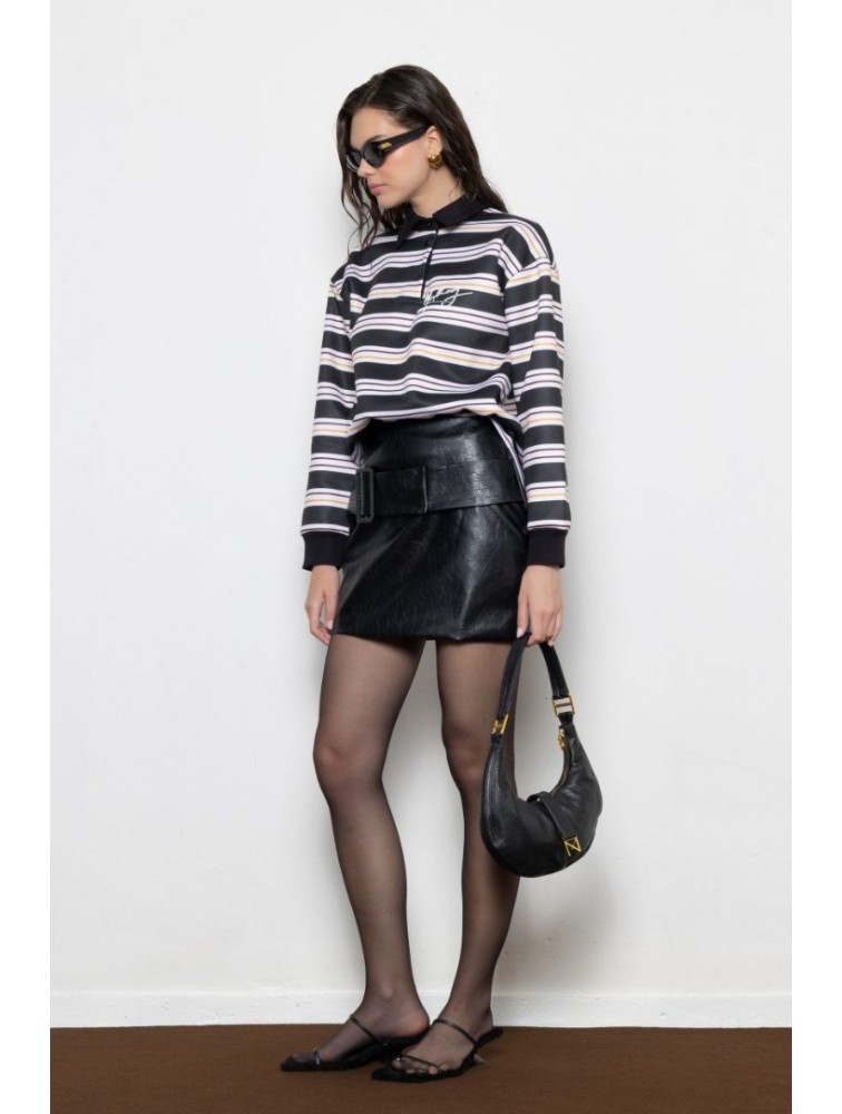 MALLORY THE LABEL Sunday Polo Sweater Black Μαύρο Πόλο Μπλούζα με Ρίγες