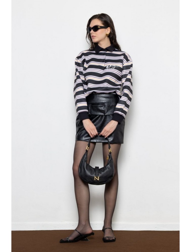 MALLORY THE LABEL Sunday Polo Sweater Black Μαύρο Πόλο Μπλούζα με Ρίγες