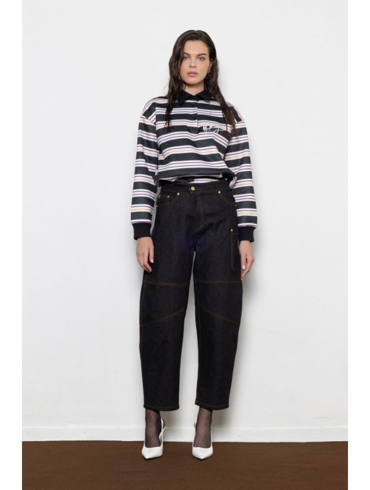 MALLORY THE LABEL Sunday Polo Sweater Black Μαύρο Πόλο Μπλούζα με Ρίγες