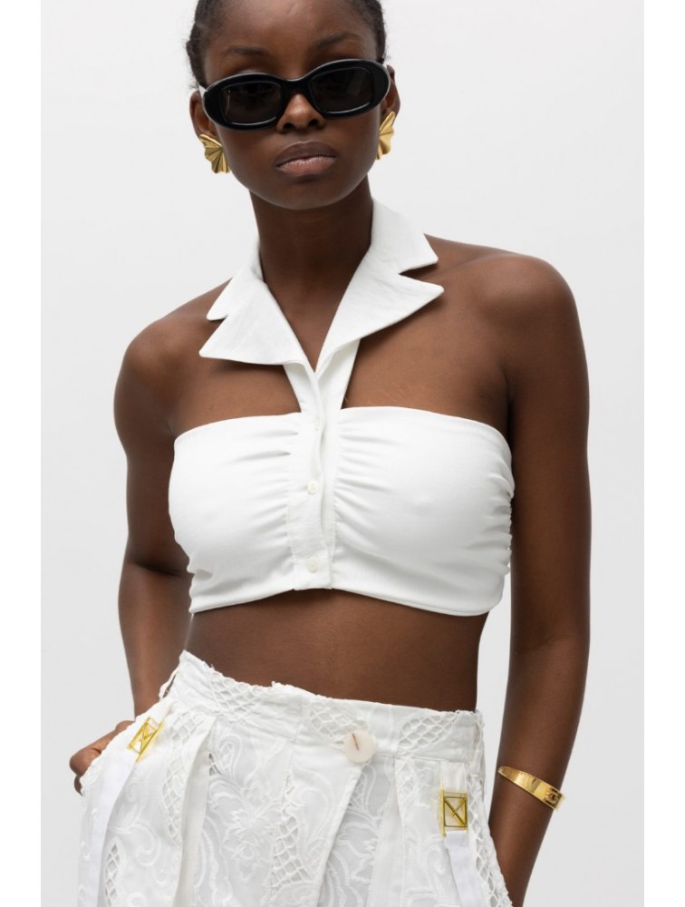 MALLORY THE LABEL Mira White Crop Top Λευκό Τοπ με γιακά