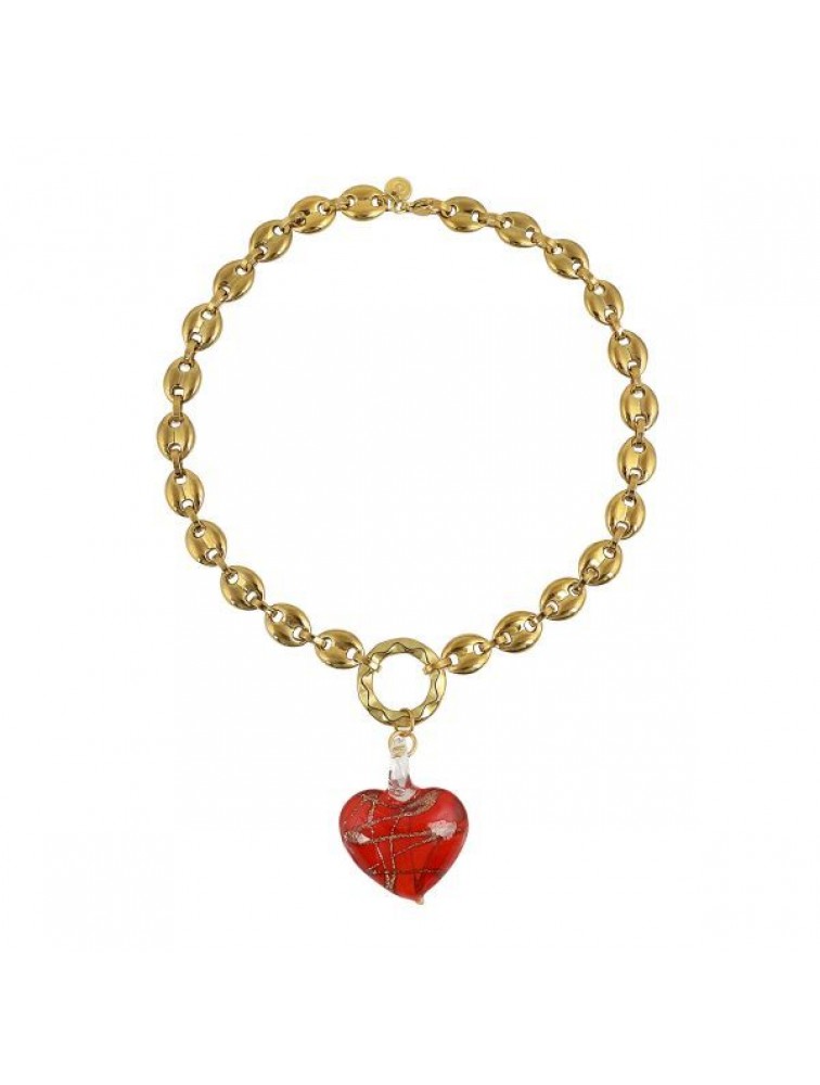 MAYOL JEWELRY Heart Of Glass Necklace Red Κόκκινο Μενταγιόν Καρδιάς με Επιχρυσωμένη αλυσίδα από ανοξείδωτο ατσάλι