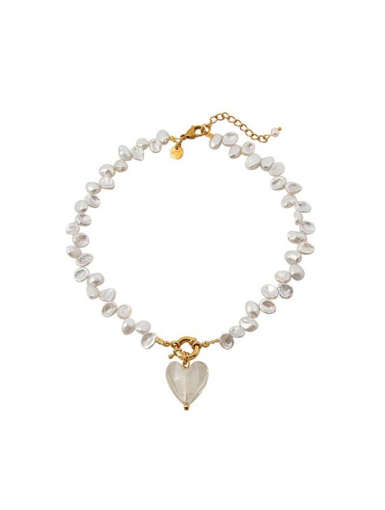 MAYOL JEWELRY Invisible Touch Necklace Επιχρυσωμένο Κολιέ με Γυάλινη Καρδιά και Πέρλες