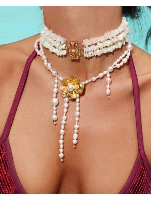MAYOL JEWELRY Wild Orchid Necklace Επιχρυσωμένο Λευκό Κολιέ με Μαργαριτάρια