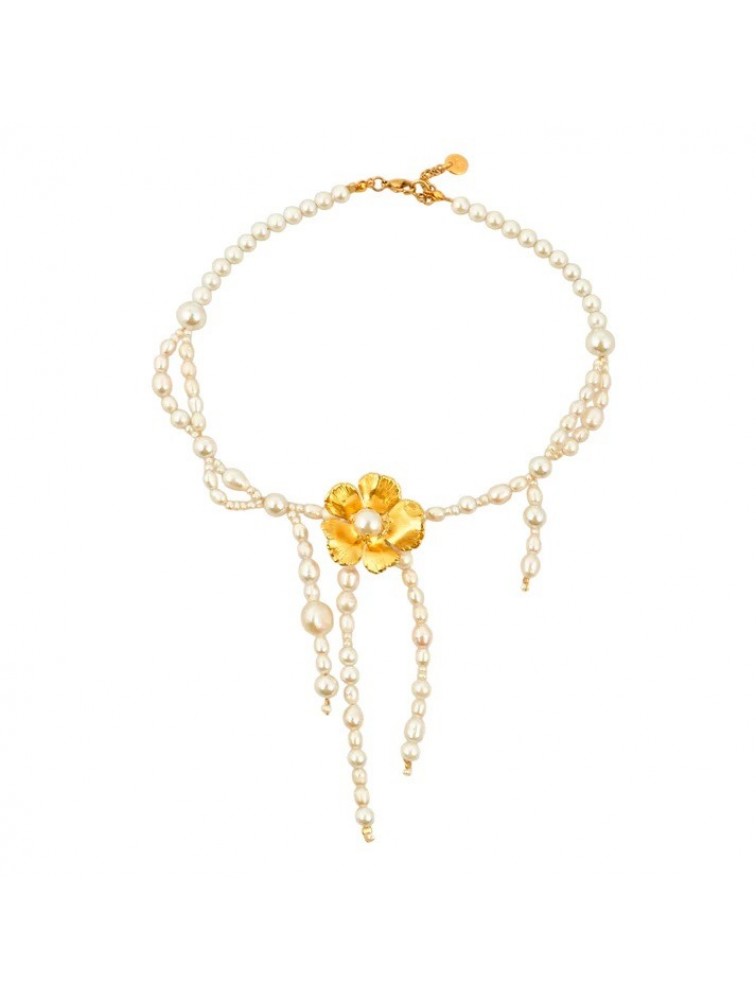 MAYOL JEWELRY Wild Orchid Necklace Επιχρυσωμένο Λευκό Κολιέ με Μαργαριτάρια