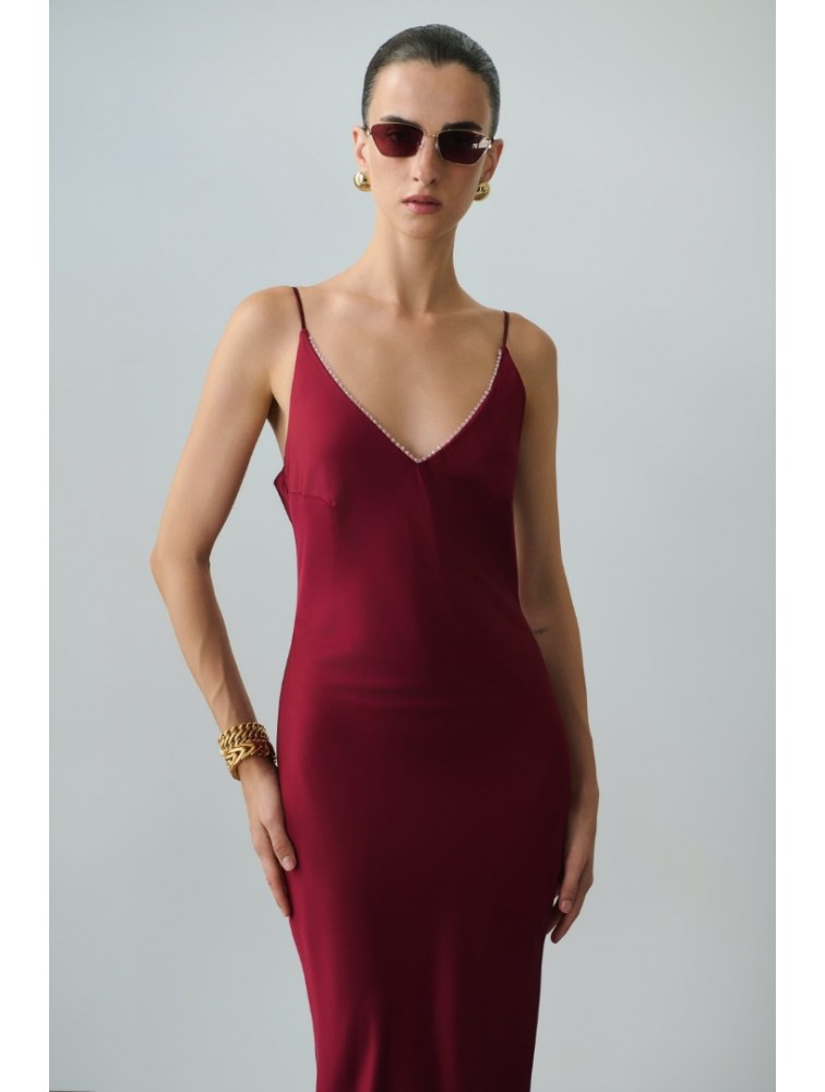 MIX AND MATCH Luisa Dress Cherry Red Κερασί Σατέν Μάξι Φόρεμα