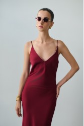 MIX AND MATCH Luisa Dress Cherry Red Κερασί Σατέν Μάξι Φόρεμα