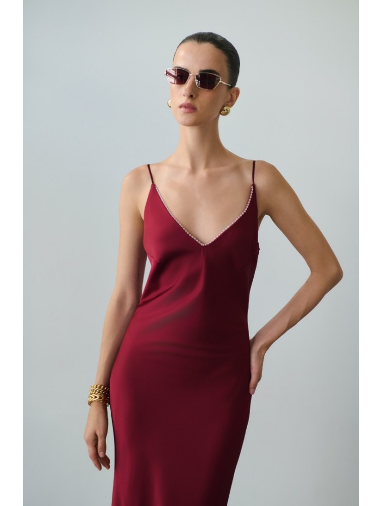 MIX AND MATCH Luisa Dress Cherry Red Κερασί Σατέν Μάξι Φόρεμα