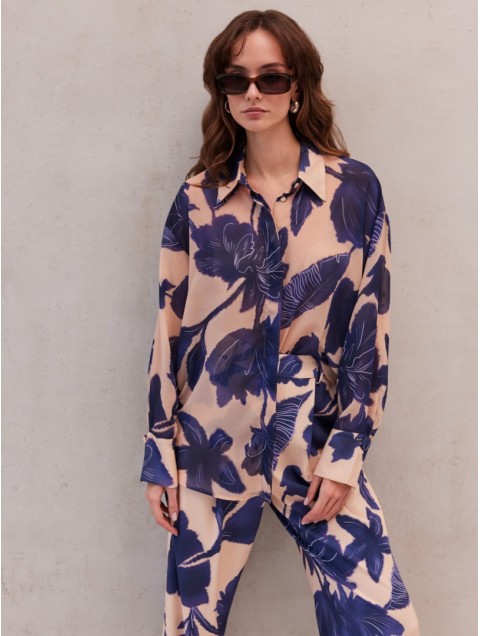 MIX AND MATCH Lydia Shirt Indigo Blossom Μπλε Φλοράλ Πουκάμισο
