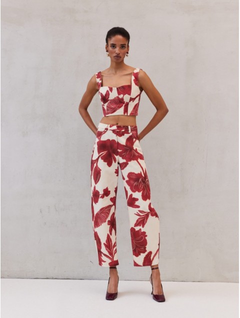 MIX AND MATCH Marlene Barrel Jeans Ruby Blossom Κόκκινο Φλοράλ Τζιν