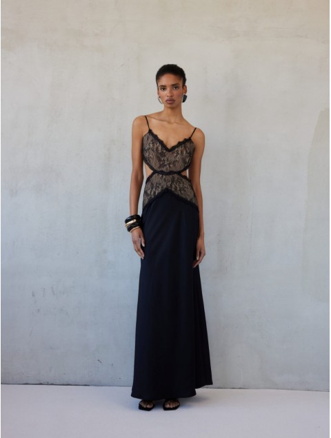 MIX AND MATCH Roxanne Dress Black Μάυρο Μάξι Φόρεμα με Δαντέλα