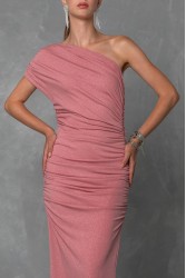 MYA COLLECTION Amarise' Dress Ροζ Μάξι Φόρεμα με Ένα Ώμο