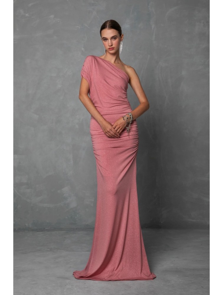 MYA COLLECTION Amarise' Dress Ροζ Μάξι Φόρεμα με Ένα Ώμο