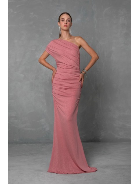 MYA COLLECTION Amarise' Dress Ροζ Μάξι Φόρεμα με Ένα Ώμο
