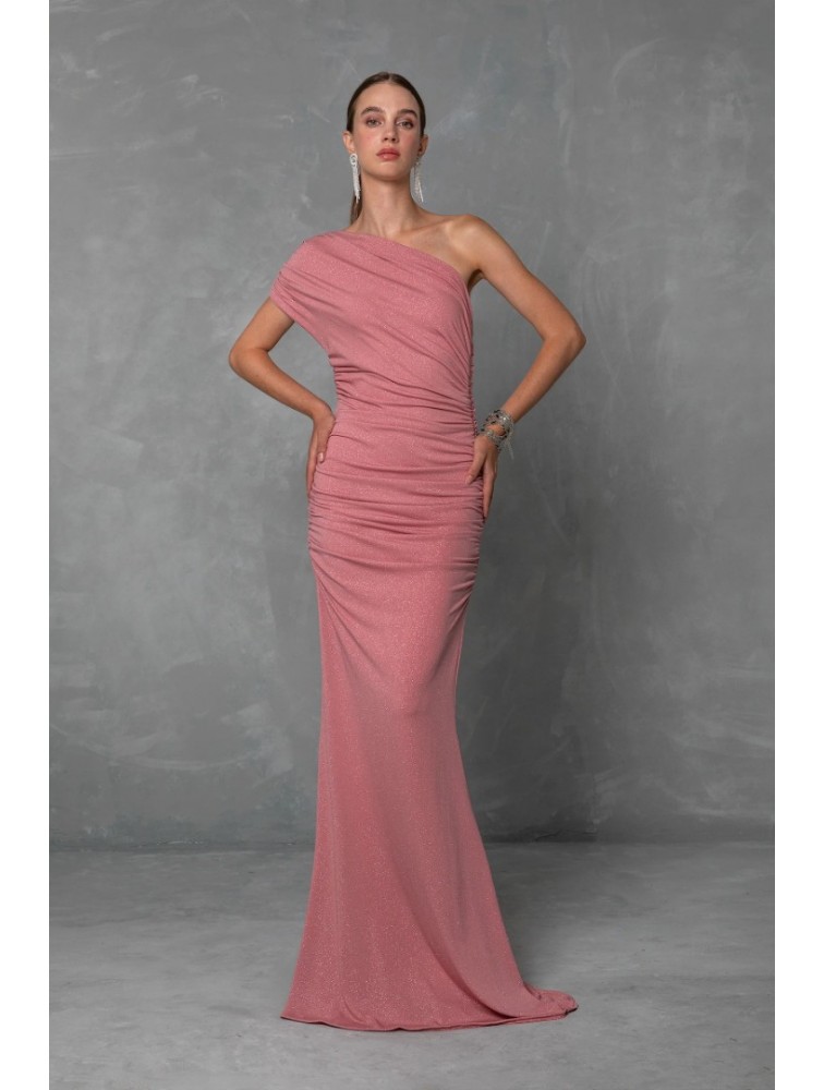 MYA COLLECTION Amarise' Dress Ροζ Μάξι Φόρεμα με Ένα Ώμο