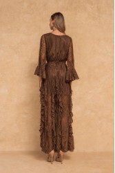 MYA COLLECTION Nola Dress Καφέ Μάξι Δαντελένιο Φόρεμα