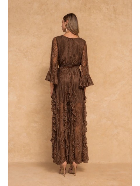 MYA COLLECTION Nola Dress Καφέ Μάξι Δαντελένιο Φόρεμα