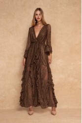 MYA COLLECTION Nola Dress Καφέ Μάξι Δαντελένιο Φόρεμα