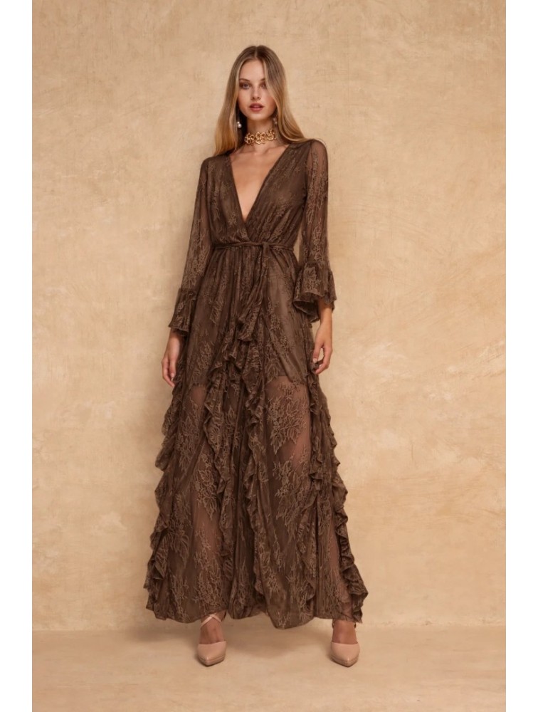 MYA COLLECTION Nola Dress Καφέ Μάξι Δαντελένιο Φόρεμα