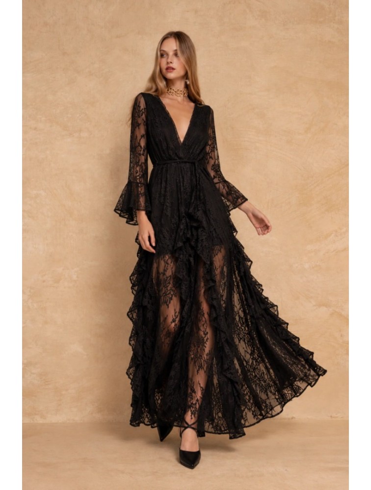 MYA COLLECTION Oriana Dress Μαύρο Μάξι Δαντελένιο Φόρεμα