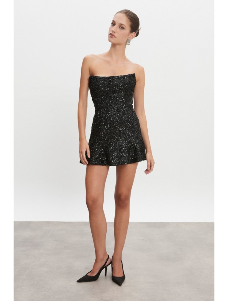 NADIA RAPTI Arrow Strapless Mini Dress Black Μαύρο Μίνι Στράπλες Παγετένιο Φόρεμα