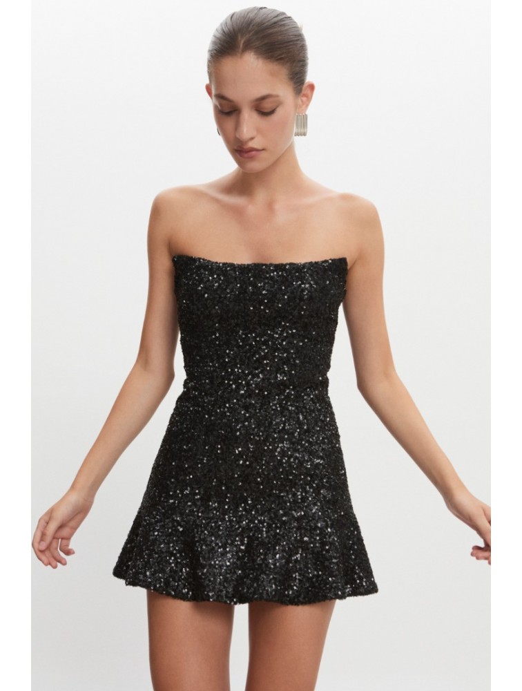 NADIA RAPTI Arrow Strapless Mini Dress Black Μαύρο Μίνι Στράπλες Παγετένιο Φόρεμα