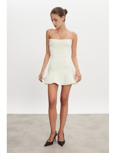 NADIA RAPTI Arrow Strapless Mini Dress Off White Εκρού Μίνι Στράπλες Παγετένιο Φόρεμα
