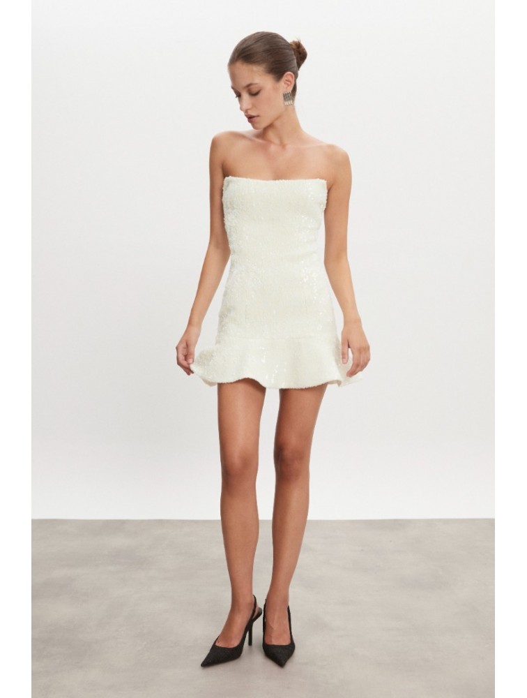 NADIA RAPTI Arrow Strapless Mini Dress Off White Εκρού Μίνι Στράπλες Παγετένιο Φόρεμα
