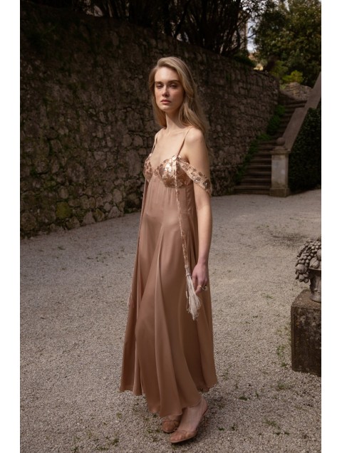 NIDODILEDA Unison Dress Satin Sequined Tulle Embellisment Μπεζ Σατέν Φόρεμα με Παγέτες