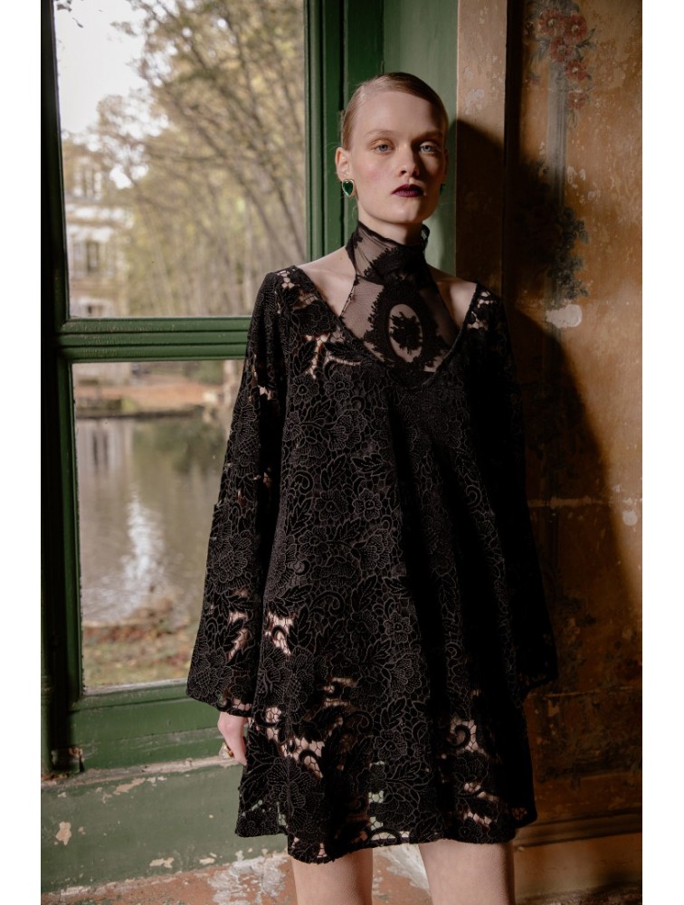 NIDODILEDA Sum Dress Black Velvet Chrochet Μαύρο Βελούδινο Φόρεμα Κροσέ