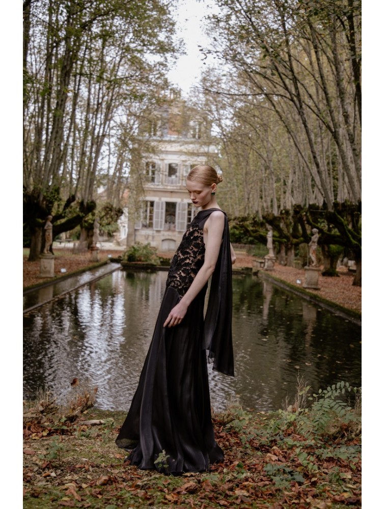 NIDODILEDA Omnia Dress Black Velvet Lace Μαύρο Βελούδινο Φόρεμα με Δαντέλα