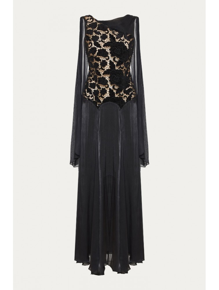 NIDODILEDA Omnia Dress Black Velvet Lace Μαύρο Βελούδινο Φόρεμα με Δαντέλα