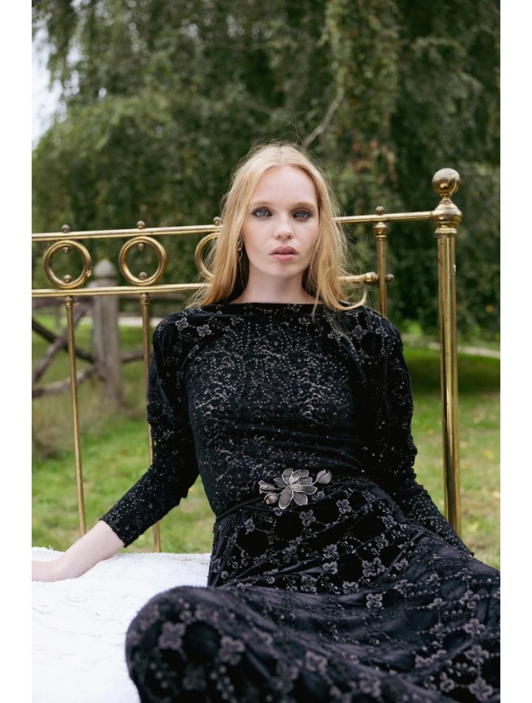 NIDODILEDA Adelynn Skirt Beaded Velvet Black Μαύρη Βελούδινη Φούστα